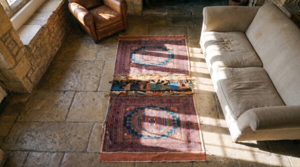 Antique afshar persian geometric medallion hand knotted pile horse cover 2 Antique afshar persian geometric medallion hand knotted pile horse cover (sku 25468) - styled overhead view