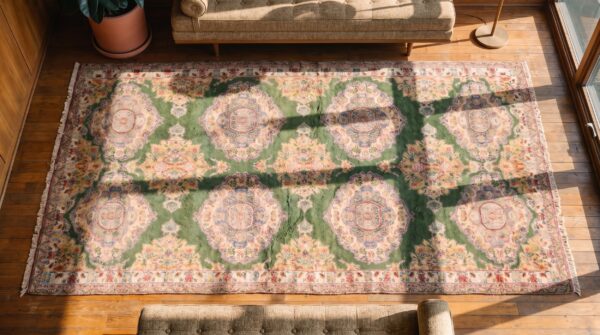 Antique agra - cotton large room size cotton green rug 2 Antique agra - cotton large room size cotton green rug (sku 21555) - styled overhead view