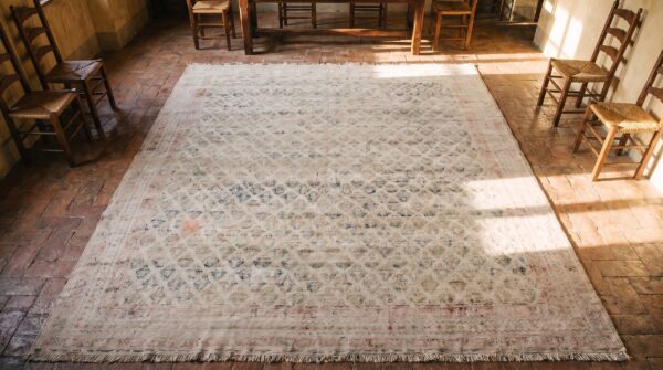 Antique agra - cotton oversized room size cotton ivory rug 2 Antique agra - cotton oversized room size cotton ivory rug (sku 20371) - styled overhead view