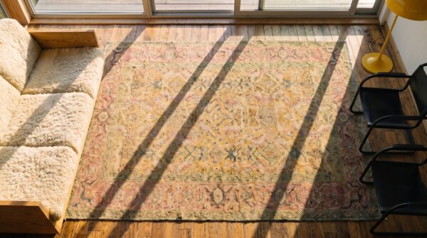 Antique agra - cotton small scatter size cotton yellow rug 2 Antique agra - cotton small scatter size cotton yellow rug (sku 20126) - styled overhead view
