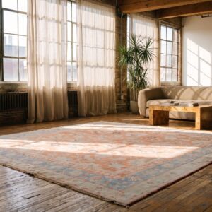 Antique Agra Cotton Square Room Size Rug - Soft Coral Tribal Design (SKU 21329) - room view
