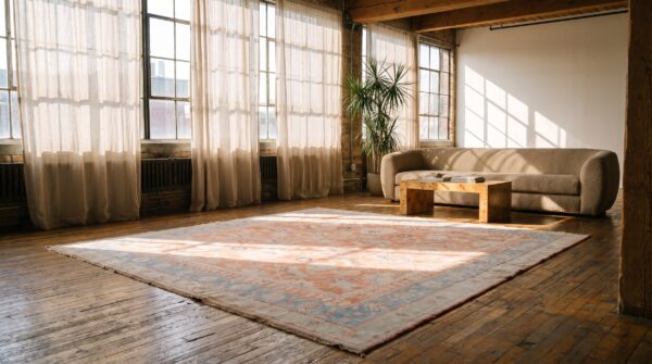 Antique agra cotton square room size rug - soft coral tribal design 5 Antique agra cotton square room size rug - soft coral tribal design (sku 21329) - room view