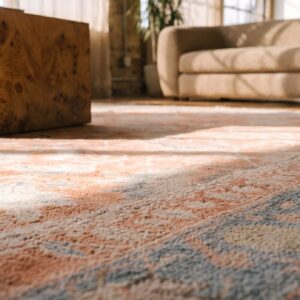 Antique Agra Cotton Square Room Size Rug - Soft Coral Tribal Design (SKU 21329) - in-room detail