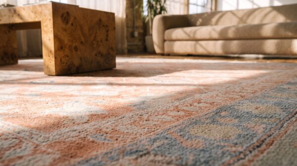 Antique agra cotton square room size rug - soft coral tribal design 6 Antique agra cotton square room size rug - soft coral tribal design (sku 21329) - in-room detail