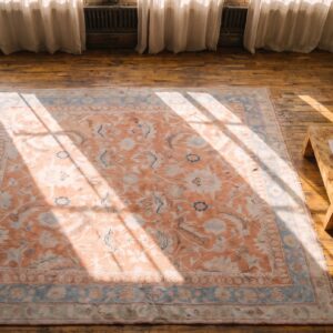 Antique Agra Cotton Square Room Size Rug - Soft Coral Tribal Design (SKU 21329) - styled overhead view