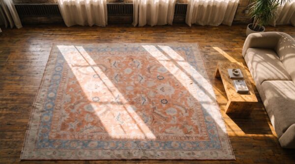 Antique agra cotton square room size rug - soft coral tribal design 2 Antique agra cotton square room size rug - soft coral tribal design (sku 21329) - styled overhead view