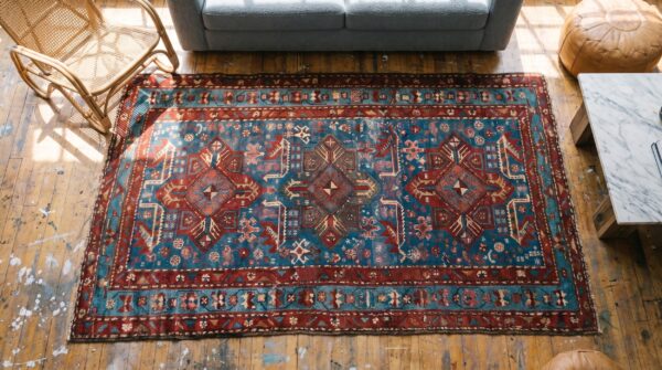 Antique akstafa caucasian knotted hallway runner rug 2 Antique akstafa caucasian knotted hallway runner rug (sku 17879) - styled overhead view