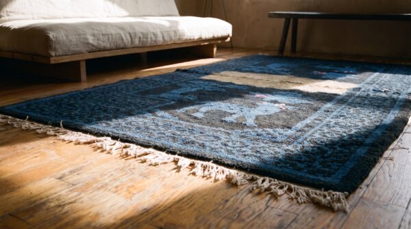 Allover blue chinese wool antique hand knotted pile 1930s rug 7 Allover blue chinese wool antique hand knotted pile 1930s rug (sku 21982) - in-room detail