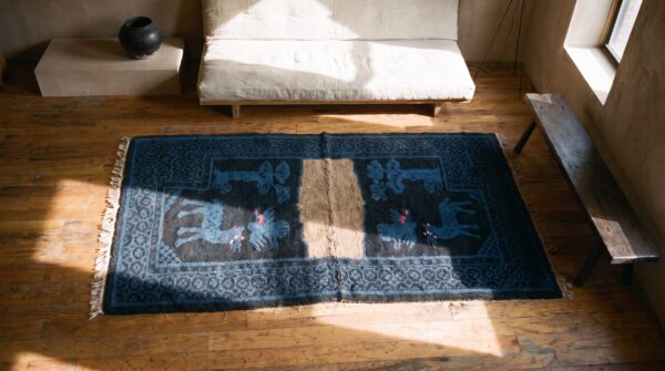 Allover blue chinese wool antique hand knotted pile 1930s rug 2 Allover blue chinese wool antique hand knotted pile 1930s rug (sku 21982) - styled overhead view