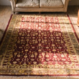 Allover Design Antique Classic Coral Color Indian Agra Rug (SKU 21155) - styled overhead view