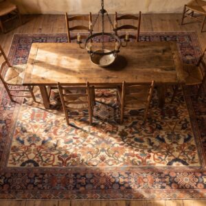 Allover Design Ivory Color Antique Persian Wool Pile Sultanabad Carpet (SKU 20916) - styled overhead view