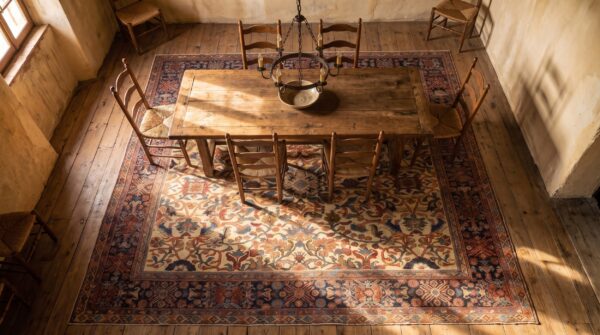 Allover design ivory color antique persian wool pile sultanabad carpet 2 Allover design ivory color antique persian wool pile sultanabad carpet (sku 20916) - styled overhead view