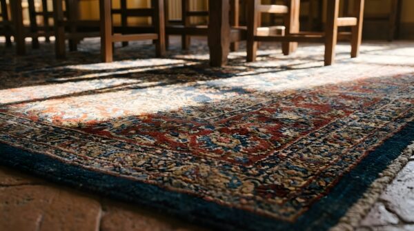 Allover floral hand knotted pile 1920s rectangle antique wool blue large rug 9 Allover floral hand knotted pile 1920s rectangle antique wool blue large rug (sku 25831) - in-room detail