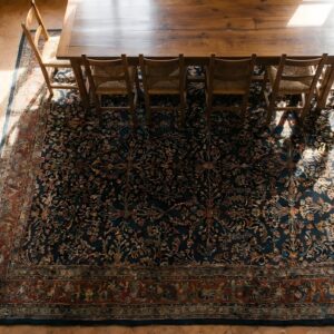 Allover Floral Hand Knotted Pile 1920s Rectangle Antique Wool Blue Large Rug (SKU 25831) - styled overhead view