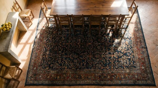 Allover floral hand knotted pile 1920s rectangle antique wool blue large rug 2 Allover floral hand knotted pile 1920s rectangle antique wool blue large rug (sku 25831) - styled overhead view