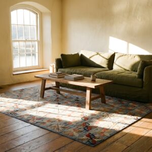 Antique Allover Floral Wool & Cotton Hooked Blue 1890s Square Rug (SKU 25824) - room view