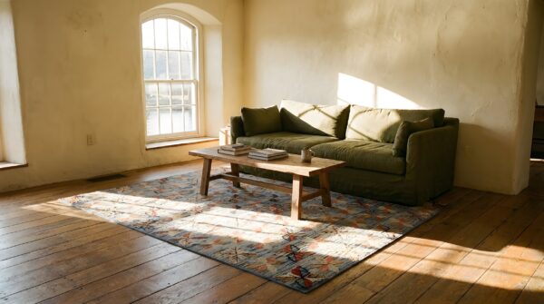 Antique allover floral wool & cotton hooked blue 1890s square rug 10 Antique allover floral wool & cotton hooked blue 1890s square rug (sku 25824) - room view