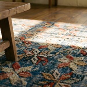 Antique Allover Floral Wool & Cotton Hooked Blue 1890s Square Rug (SKU 25824) - in-room detail