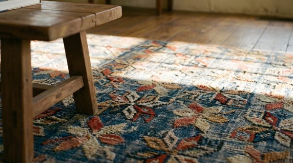 Antique allover floral wool & cotton hooked blue 1890s square rug 11 Antique allover floral wool & cotton hooked blue 1890s square rug (sku 25824) - in-room detail