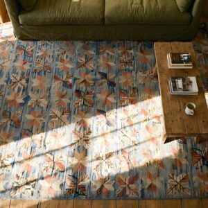 Antique Allover Floral Wool & Cotton Hooked Blue 1890s Square Rug (SKU 25824) - styled overhead view