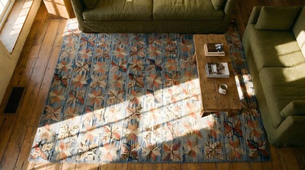 Antique allover floral wool & cotton hooked blue 1890s square rug 2 Antique allover floral wool & cotton hooked blue 1890s square rug (sku 25824) - styled overhead view