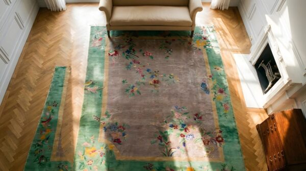 Antique allover floral art deco chinese design room size area rug 2 Antique allover floral art deco chinese design room size area rug (sku 24230) - styled overhead view