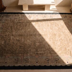 Antique Allover Floral Wool Hand Knotted Pile Brown Earth Tone 1920s Rug (SKU 22509) - styled overhead view