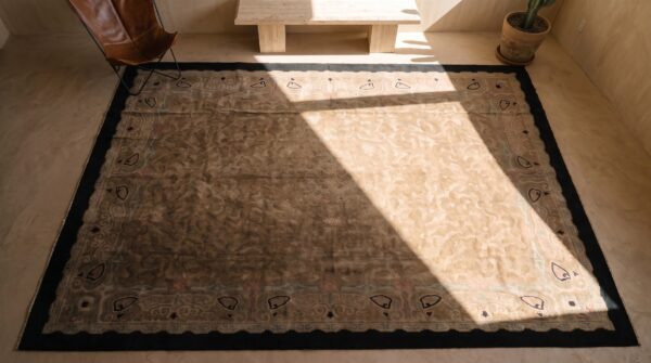 Antique allover floral wool hand knotted pile brown earth tone 1920s rug 2 Antique allover floral wool hand knotted pile brown earth tone 1920s rug (sku 22509) - styled overhead view
