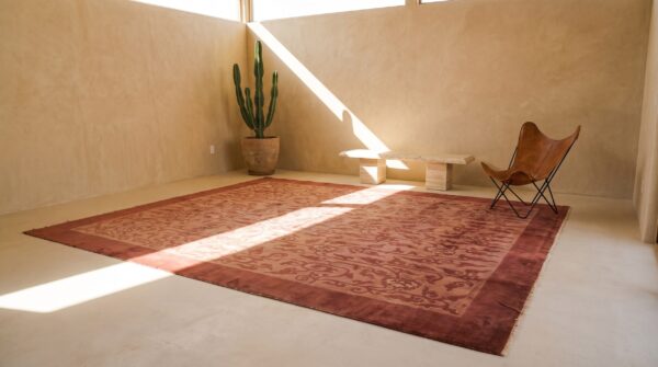 Antique allover floral wool hand knotted pile coral 1930s rug 7 Antique allover floral wool hand knotted pile coral 1930s rug (sku 22806) - room view