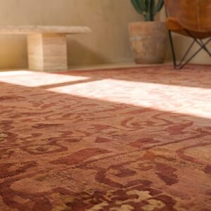 Antique Allover Floral Wool Hand Knotted Pile Coral 1930s Rug (SKU 22806) - in-room detail