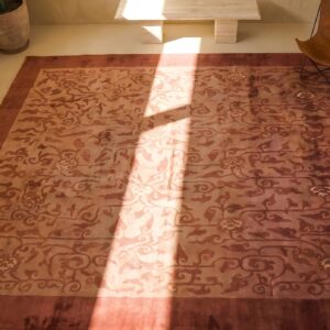 Antique Allover Floral Wool Hand Knotted Pile Coral 1930s Rug (SKU 22806) - styled overhead view