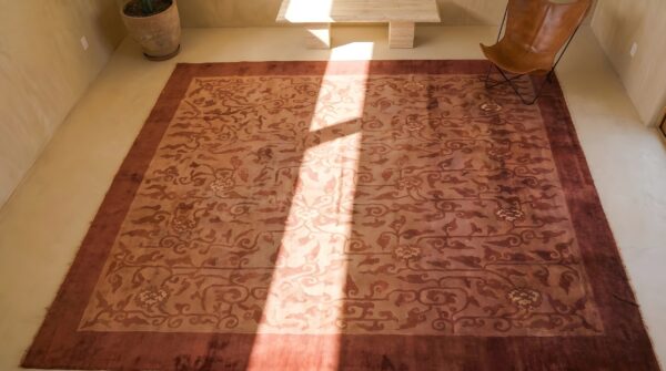 Antique allover floral wool hand knotted pile coral 1930s rug 2 Antique allover floral wool hand knotted pile coral 1930s rug (sku 22806) - styled overhead view