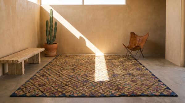 Antique allover floral wool & cotton hooked - loop pile ivory beige cream white 1920s rug 6 Antique allover floral wool & cotton hooked - loop pile ivory beige cream white 1920s rug (sku 20302) - room view