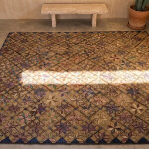 Antique Allover Floral Wool & Cotton Hooked - Loop Pile Ivory Beige Cream White 1920s Rug (SKU 20302) - styled overhead view