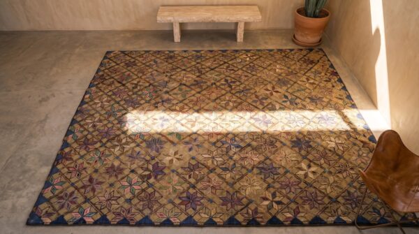 Antique allover floral wool & cotton hooked - loop pile ivory beige cream white 1920s rug 2 Antique allover floral wool & cotton hooked - loop pile ivory beige cream white 1920s rug (sku 20302) - styled overhead view