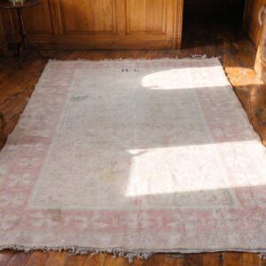 Antique Allover Floral Hand Knotted Cotton Pile Ivory Cream Indian Agra Rug (SKU 21361) - styled overhead view