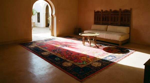 Antique allover floral design coral art deco chinese hand knotted rug (sku 24739) - room view