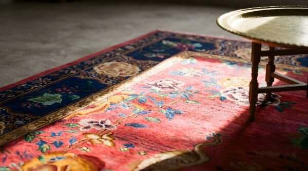 Antique allover floral design coral art deco chinese hand knotted rug (sku 24739) - in-room detail