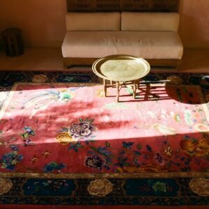 Antique Allover Floral Design Coral Art Deco Chinese Hand Knotted Rug (SKU 24739) - styled overhead view