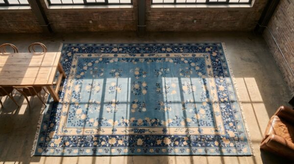 Antique allover floral design light blue chinese room size peking rug 2 Antique allover floral design light blue chinese room size peking rug (sku 22943) - styled overhead view