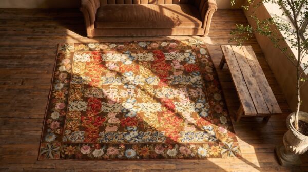 Antique allover floral flat weave rug 2 Antique allover floral flat weave rug (sku 20193) - styled overhead view