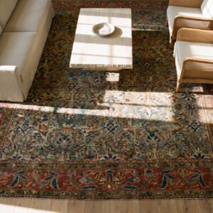 Antique Allover Floral Wool Hand Knotted Pile Green 1880s Rug (SKU 21658) - styled overhead view