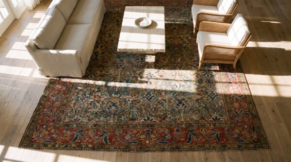 Antique allover floral wool hand knotted pile green 1880s rug 2 Antique allover floral wool hand knotted pile green 1880s rug (sku 21658) - styled overhead view