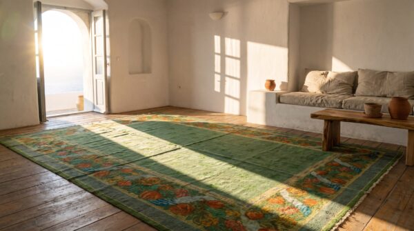 Antique allover floral wool hand knotted pile green 1930s rug 9 Antique allover floral wool hand knotted pile green 1930s rug (sku 20855) - room view