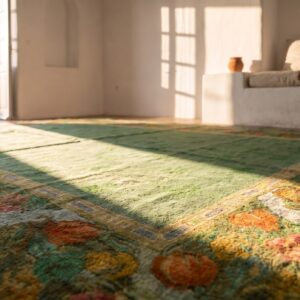 Antique Allover Floral Wool Hand Knotted Pile Green 1930s Rug (SKU 20855) - in-room detail