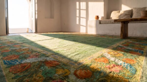 Antique allover floral wool hand knotted pile green 1930s rug 10 Antique allover floral wool hand knotted pile green 1930s rug (sku 20855) - in-room detail