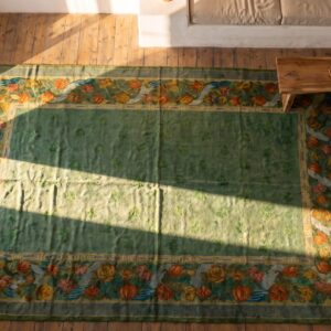 Antique Allover Floral Wool Hand Knotted Pile Green 1930s Rug (SKU 20855) - styled overhead view