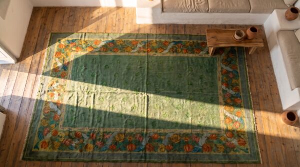 Antique allover floral wool hand knotted pile green 1930s rug 2 Antique allover floral wool hand knotted pile green 1930s rug (sku 20855) - styled overhead view
