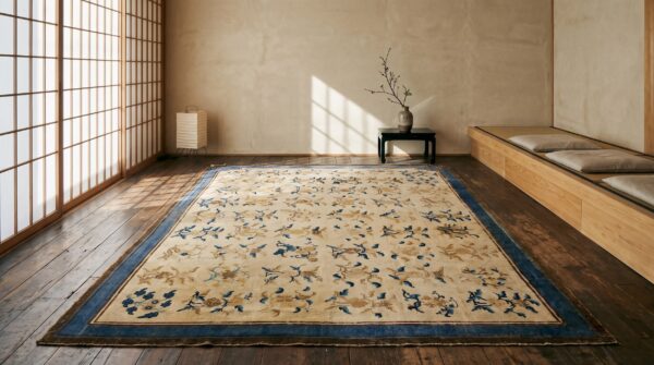 Antique allover floral wool hand knotted pile ivory beige cream white 1750s rug 9 Antique allover floral wool hand knotted pile ivory beige cream white 1750s rug (sku 22965) - room view
