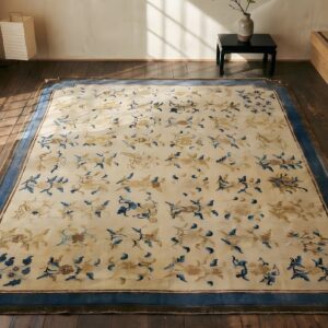Antique Allover Floral Wool Hand Knotted Pile Ivory Beige Cream White 1750s Rug (SKU 22965) - styled overhead view